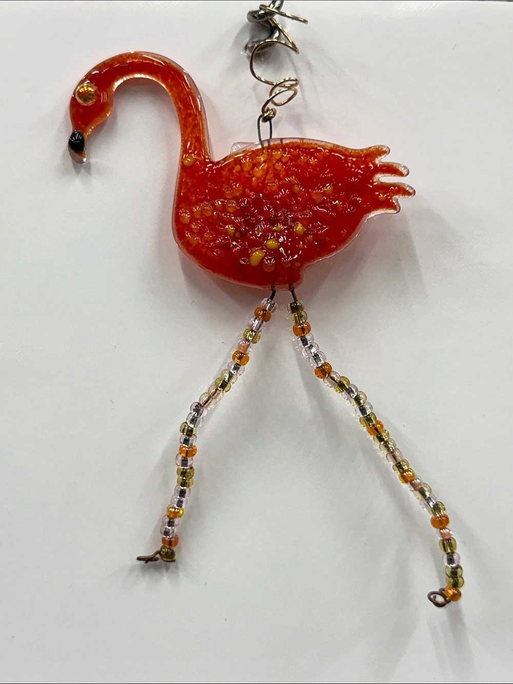 Handmade Fused Glass Flamingo Suncatcher Ornament – Beaded Dangling Legs